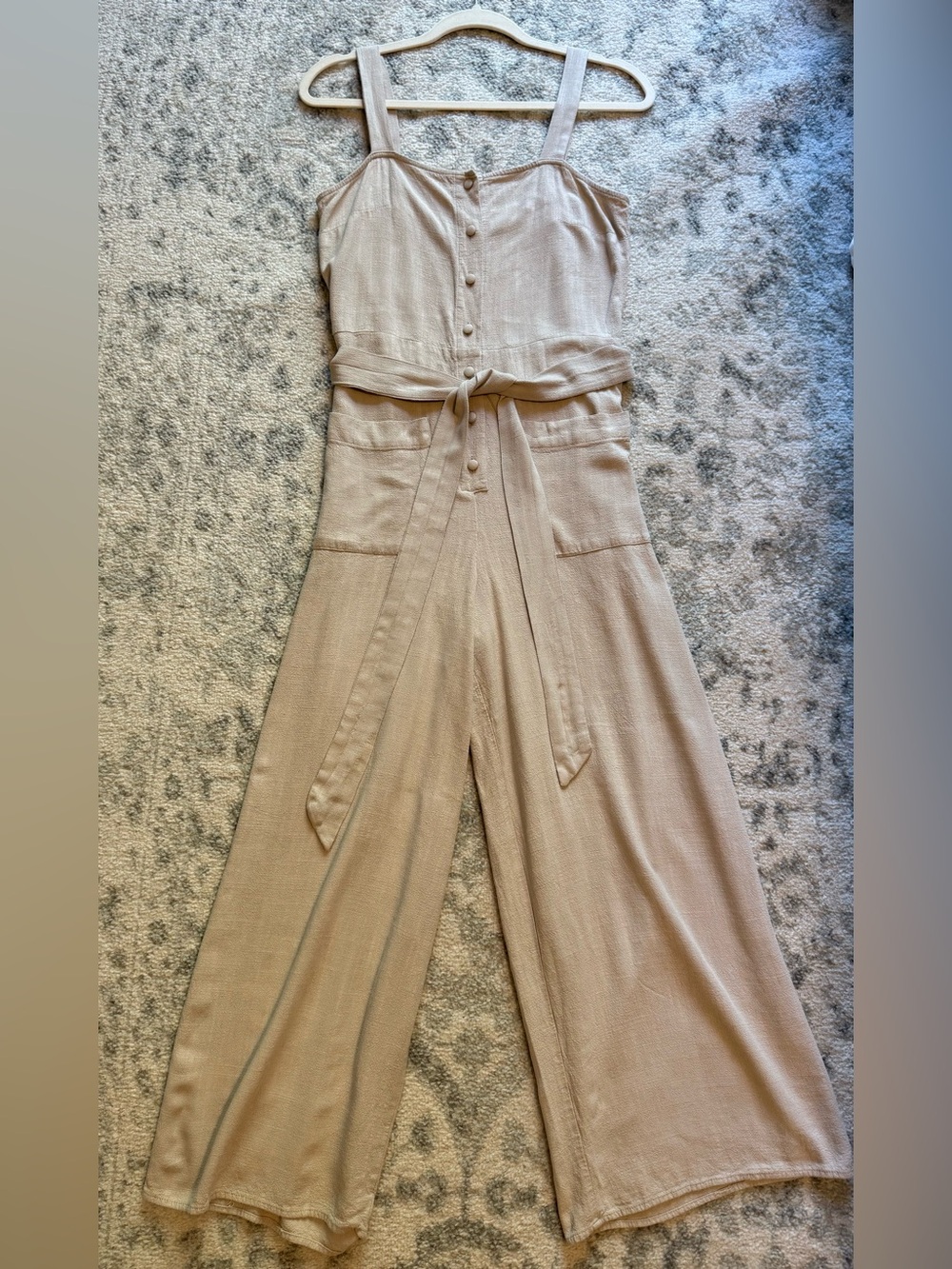Forever 21 Cream Wide-Leg Button-Front Jumpsuit with Tie Belt